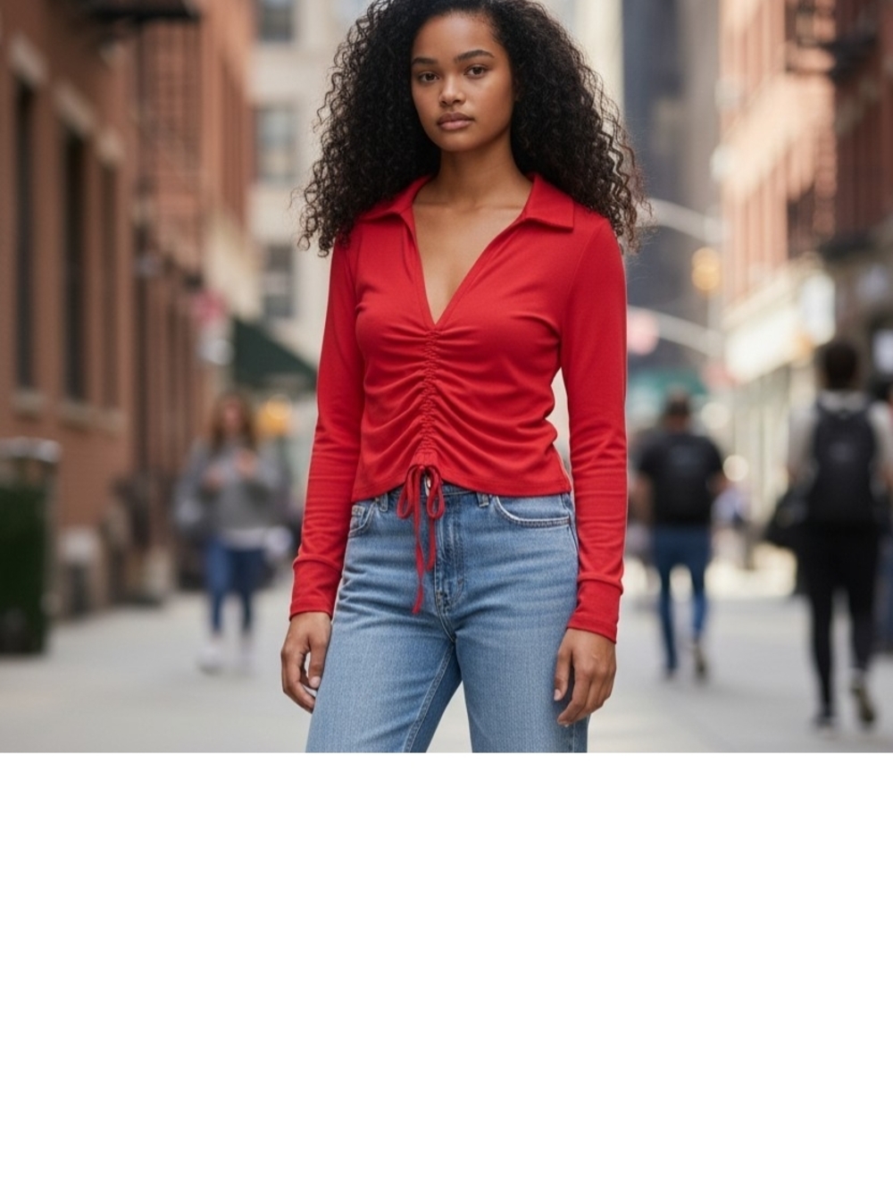 Zara Hot Pink Ruched V-Neck Long Sleeve Polo Top